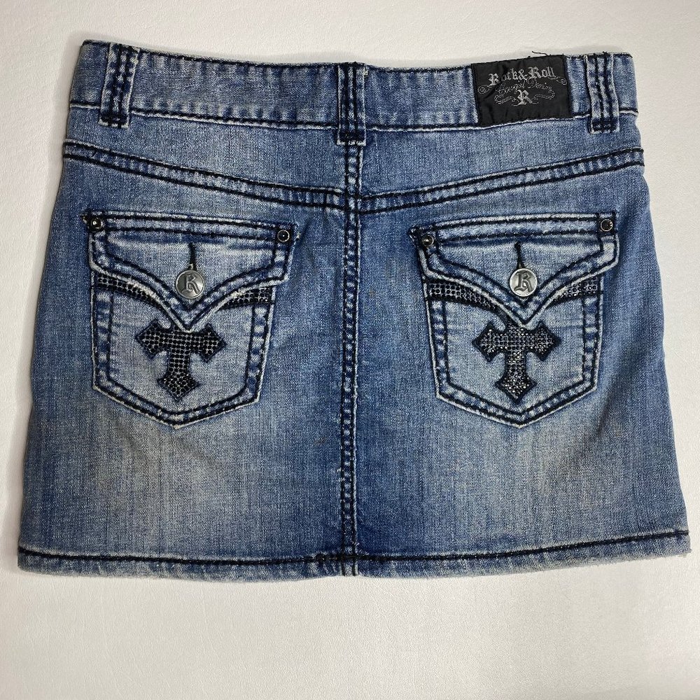 Denim Mini Skirt with Embellished Cross Pockets